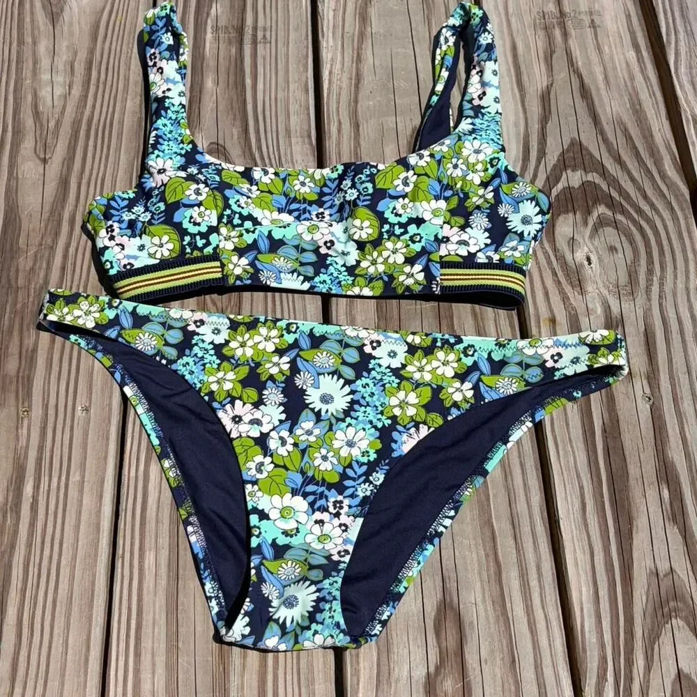 Aerie Blue All Over Floral Print Bikini Set, size M/L